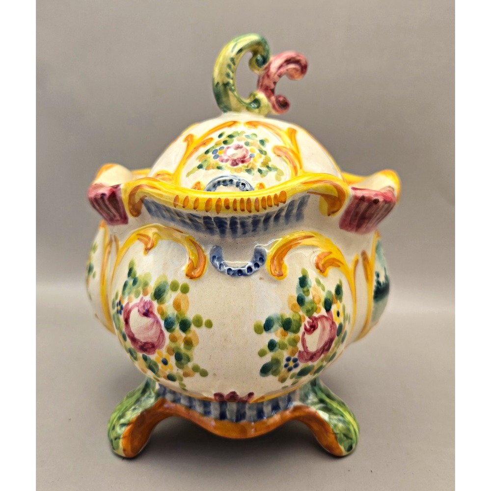 Vintage Majolica Italian 50's Hand-Painted Lidded Floral Sugar Jar 7" tall B#38